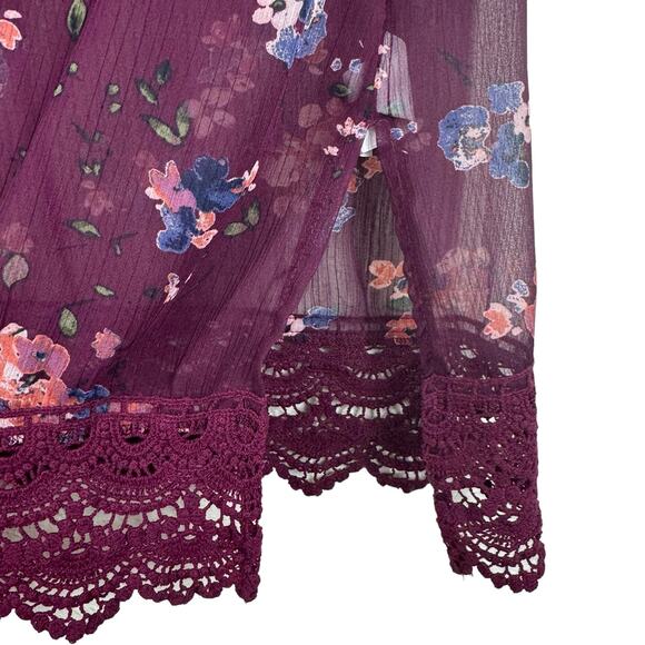 Mason & Belle Burgundy Floral 3/4 Sleeve Sheer Open Crochet Trim Blouse Size S - Picture 4 of 7